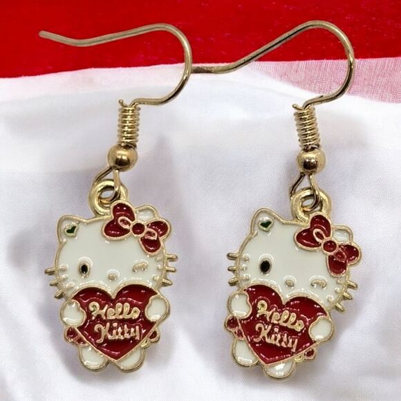 Hello Kitty Red Heart Dangle Earrings Gold-Tone Enamel Pierced Ears Cat Jewelry - Picture 1 of 3
